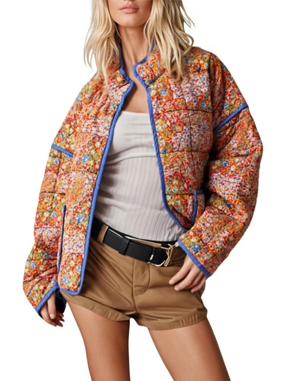 Women Cropped Quilted Jacket Floral Printed Lightweight Puffer Coat